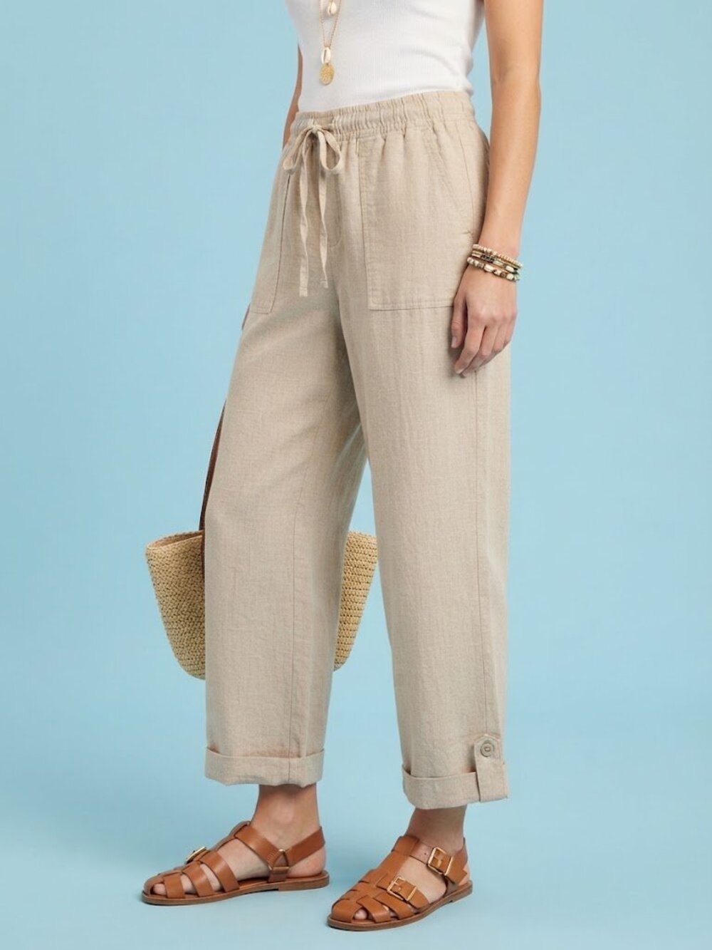 Beige Linen Blend Buttoned Ankle Cuffed Pants